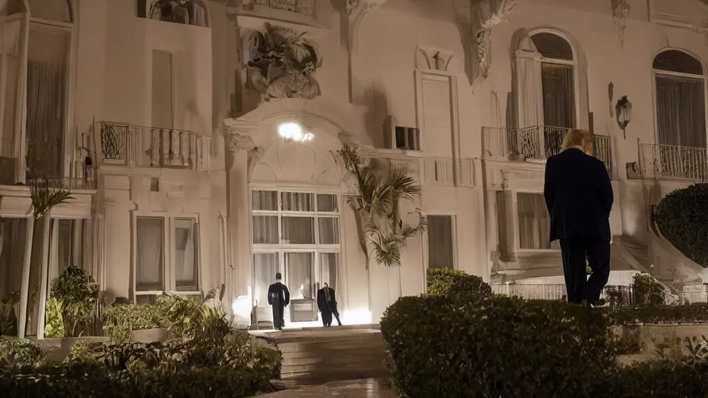 Prompt: President Trump seeing his Mar-El-Lago apartment being raided by the FBI in the middle of the night, atmospheric promotional shot for a HBO TV Series