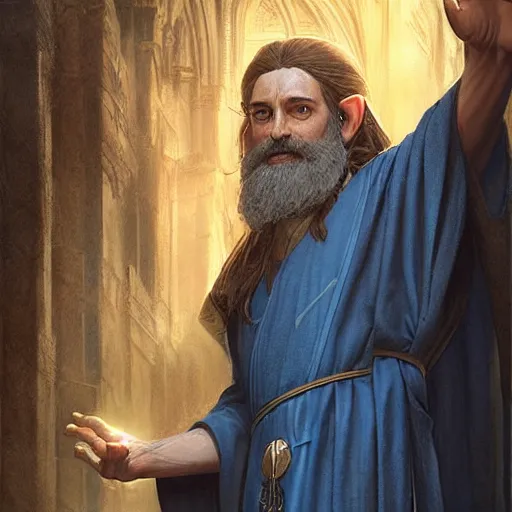 Image similar to A middle aged elf, brown hair and a raised hand, long beard, blue robes with runic symbols, detailed face, highly detailed, cinematic lighting, digital art painting by greg rutkowski.