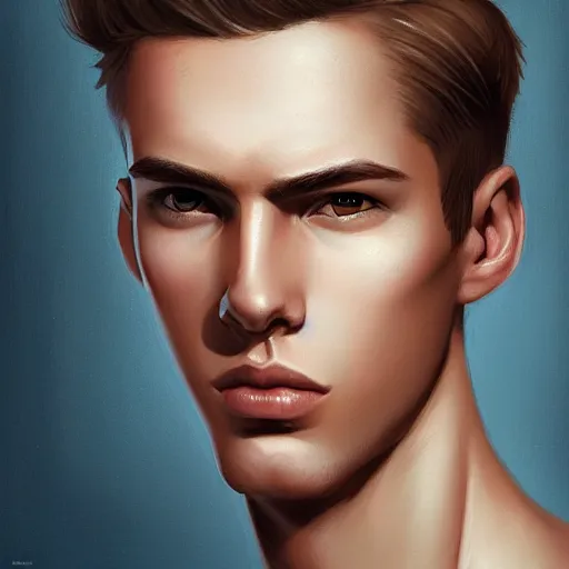 Image similar to man in his twenties with brown blond short quiff hair and thin slightly round facial structure with cleft chin, bumpy nose, good definition of cheekbones, Alert brown eyes, narrow face, slim body, atmospheric lighting, painted, intricate, 4k, highly detailed by Charlie Bowater