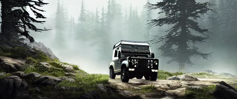 Image similar to Land Rover Defender 110 (1985), The Elder Scrolls V: Skyrim, Riften, The Rift, an epic fantasy, living flora, spriggans, humanoid flora, dramatic lighting, cinematic, establishing shot, extremely high detail, photorealistic, cinematic lighting, artstation, by simon stalenhag