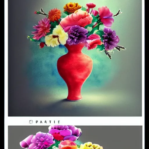 Image similar to a porcelain vase with a colorful and beautiful flower arrangement. very stylize and delicate watercolor and pencil drawing. beautiful lighting, 4 k post - processing, trending in art station, cg society, highly detailed, 5 k extremely detailed, 3 d. cinematic scene.