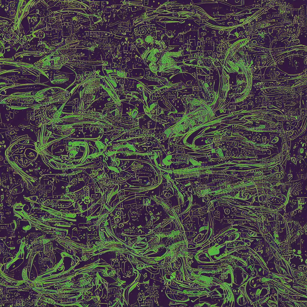 Image similar to toads, big toad, mechanical, technical, abstract, acrylic, oil, circuit board, computers, vektroid album cover, vectors, drips, dimensions, tears, leaks, glitches, frogs, amphibians, geometry, data, datamosh, motherboard, minimal, code, cybernetic, painting, dark, eerie, cyber