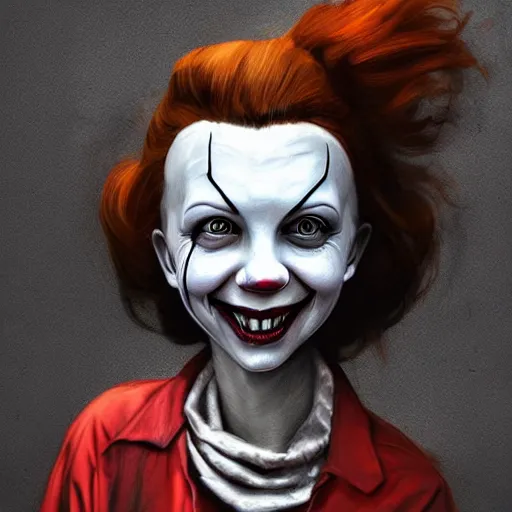 Image similar to surrealism grunge cartoon portrait sketch of millie bobby brown with a wide smile by - michael karcz, loony toons style, pennywise style, horror theme, detailed, elegant, intricate