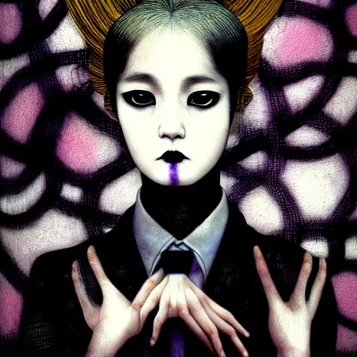 Image similar to yoshitaka amano blurred and dreamy realistic three quarter angle portrait of a beautiful young woman with black lipstick and black eyes wearing dress suit with tie, junji ito abstract patterns in the background, satoshi kon anime, noisy film grain effect, highly detailed, renaissance oil painting, weird portrait angle, blurred lost edges