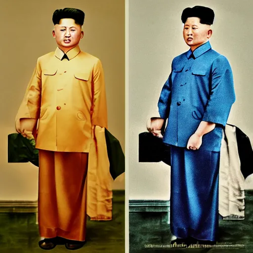 Image similar to realistic concept art photography by araki nobuyoshi of smiling north korean kim chen wearing ukrainian traditional shirt designed by taras shevchenko.