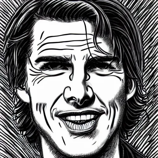 Image similar to a portrait drawing of Tom Cruise drawn by Robert Crumb