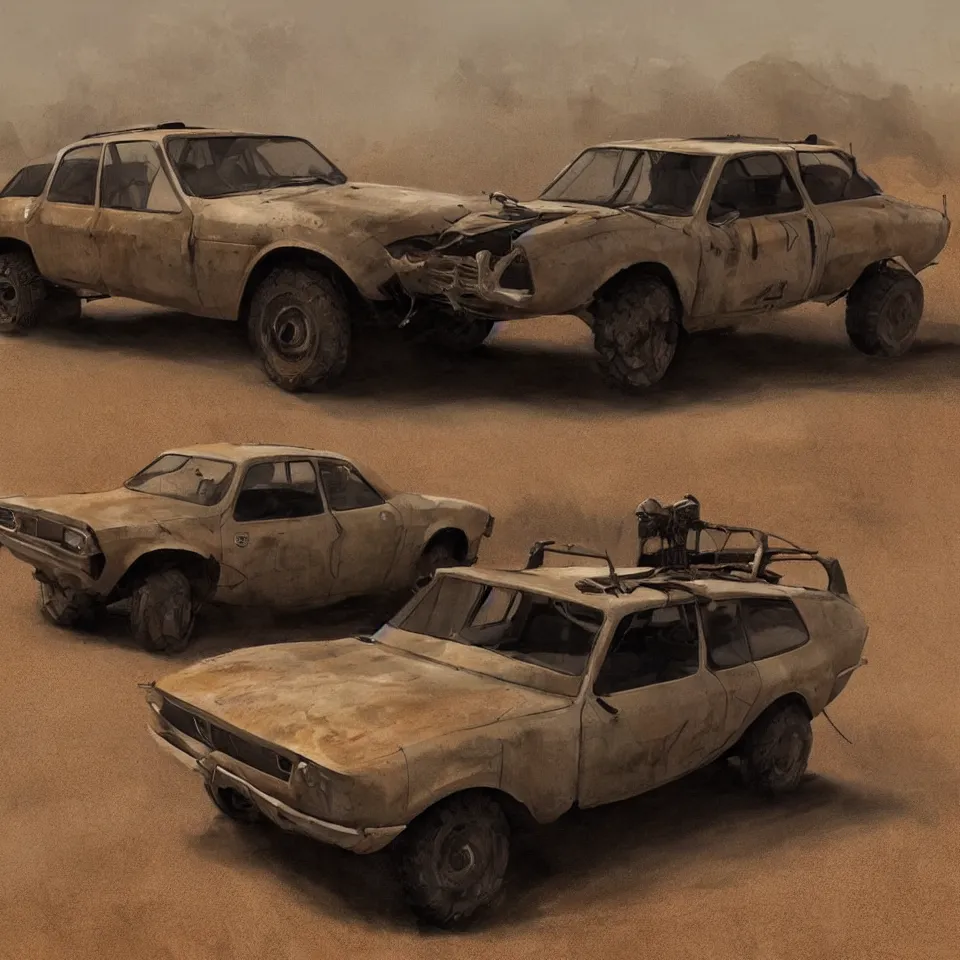 Image similar to a single Dacia 1310 in Mad Max, artstation, concept art