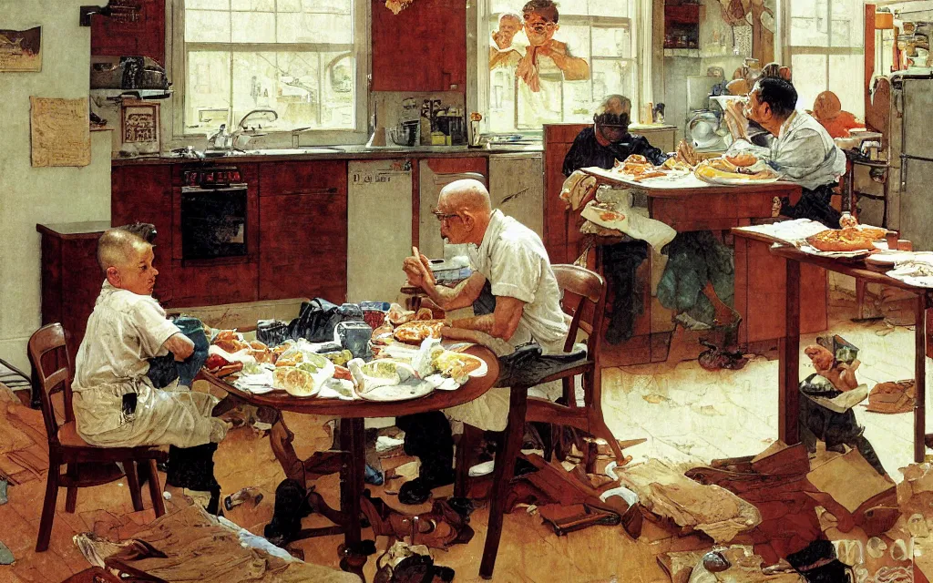 Image similar to benjamin netayahu eating breakfast in his kitchen, newspapers on the table and counter, by norman rockwell