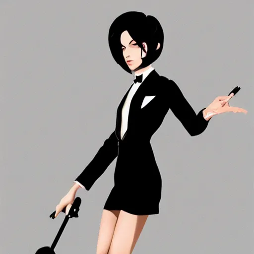 Image similar to slim mafia girl in tuxedo with black bob hair, elegant, 2d, ultra highly detailed, digital painting, smooth, sharp focus, artstation, art by Ilya Kuvshinov