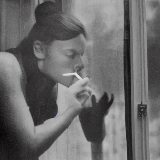 Image similar to zoomed cropped voyeuristic direct eye contact closeup of supermodel neighbor blowing smoke in window, technicolor, telephoto lens, vintage photograph, historical archive