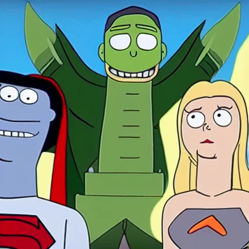 Image similar to movie still pickle rick as superman