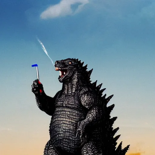 Image similar to godzilla brushing his teeth with a electric toothbrush