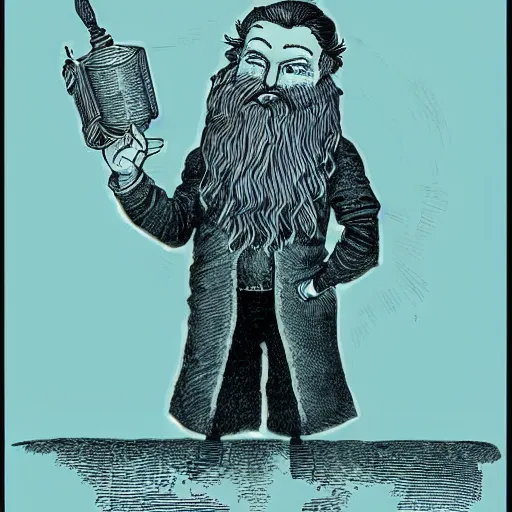 Prompt: wizard with beard, holding a bomb, dnd, high detail, fantasy, in the style of vintage antique illustration and line drawing or engraving - c 9. 0