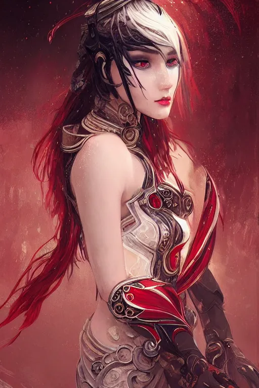 Image similar to portrait knights of Zodiac girl+smoky eyes, black fire red color reflected armor, in ruined Agora of Athens rainy night, ssci-fi and fantasy, intricate and very very beautiful and elegant, highly detailed, digital painting, artstation, concept art, smooth and sharp focus, illustration, art by tian zi and WLOP and alphonse mucha