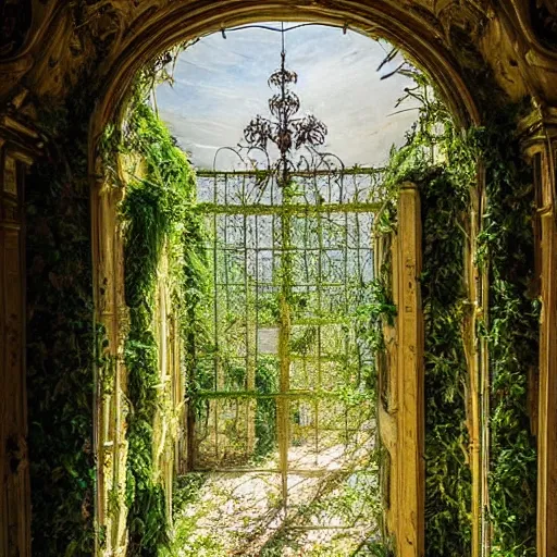 Image similar to a dream about inside opulent abandoned overgrown Palace of Versailles, lush plants growing through the floors and walls, walls are covered with vines, beautiful, dusty, golden volumetric light shines through giant broken windows, rich with epic details and dreamy atmosphere