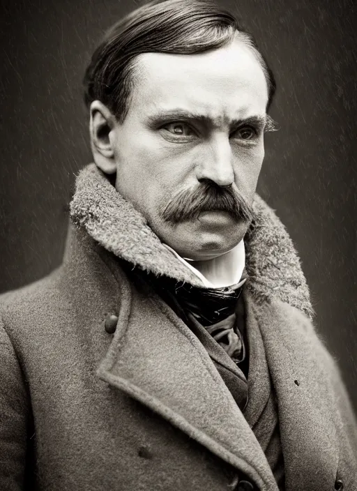 Image similar to portrait of a victorian man wearing a winter coat, highly detailed, fantasy, cinematic lighting, close up, realistic, photograph by elliott & fry