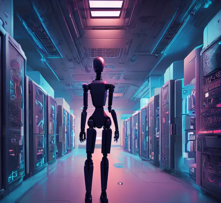 Image similar to hyperrealism stock photography of highly detailed stylish humanoid robot in sci - fi cyberpunk style by gragory crewdson and vincent di fate with many details by josan gonzalez working at the highly detailed data center by mike winkelmann and laurie greasley hyperrealism photo on dsmc 3 system rendered in blender and octane render