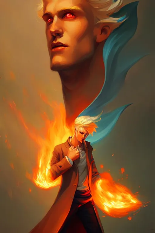 Image similar to character art by peter mohrbacher, young man, blonde hair, on fire, fire powers