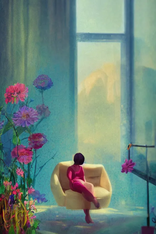 Image similar to closeup, huge flowers as head, woman sitting on lounge chair by a tall window, surreal photography, studio light, impressionist painting, digital painting, artstation, simon stalenhag