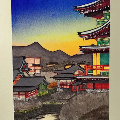 Image similar to A stunning water color painting of a traditional japanese village in the mountains at sunset by Alayna Danner