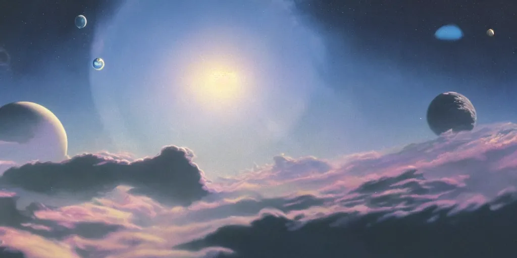 Image similar to blue dreamy cloudscape with a single planet in the clouds, daylight, cinematic lighting, cinematic perspective, syd mead, john harris, federico pelat,