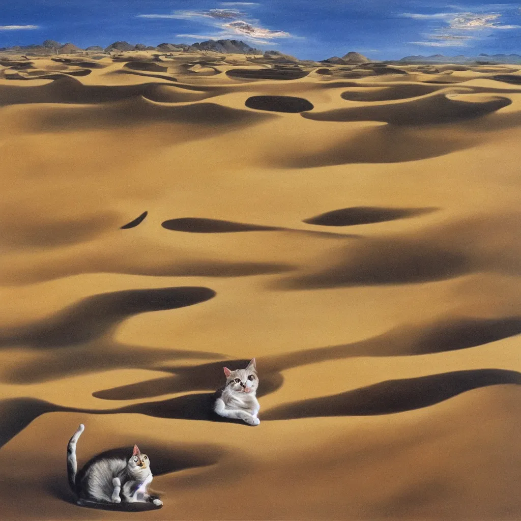 Prompt: an untradetailed oil painting of a melting cat lying on flowing desert, landscape with dunes and oasis far away, hyper realistic, magic, fantasy, by salvador dali