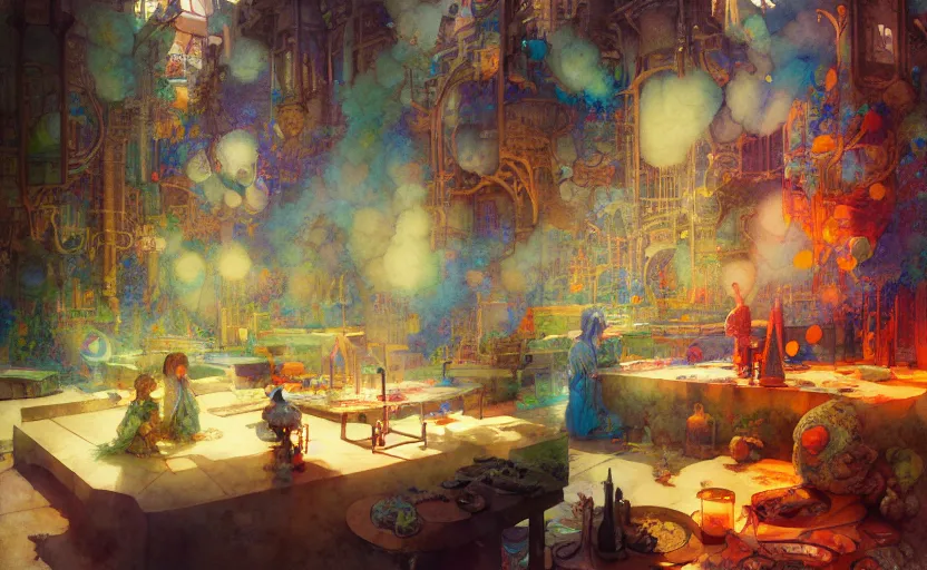 Image similar to alchemy laboratory, fantasy. intricate, amazing composition, colorful watercolor, by ruan jia, by maxfield parrish, by marc simonetti, by hikari shimoda, by robert hubert, by zhang kechun, illustration, gloomy