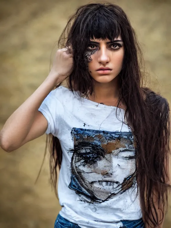 Image similar to hyperdetailed photo of a beautiful italian girl, brown eyes, dark hair, skin, winds of winter, with ripped grunge crop t - shirt fine face, pretty face