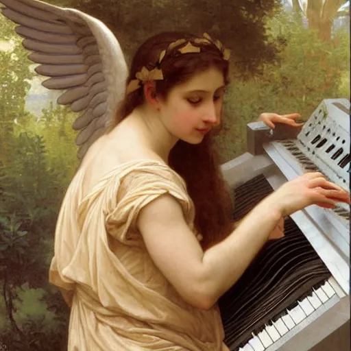 Prompt: an oil painting of an angel playing a Korg keyboard, by Bouguereau, highly detailed and intricate,