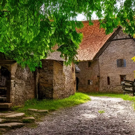 Prompt: medieval village in woods