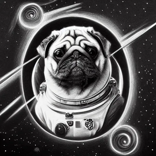 Image similar to pencil art, golden - ratio, spirals, highly detailed, astronaut pug in outer space by davinci.