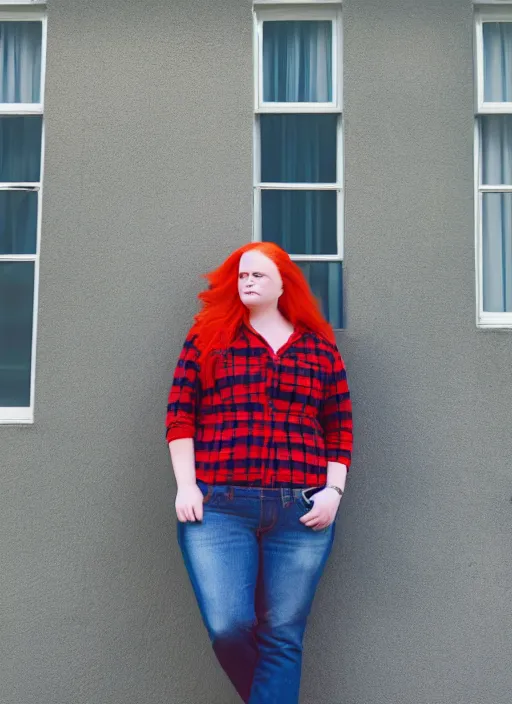 Image similar to photograp of a plus-size redhead woman wearing jeans, black converse shoes, and a red tartan shirt