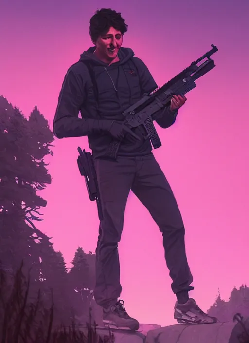 Image similar to highly detailed portrait justin trudeau in ( ( fuschia hoody ) ) holding ar - 1 5! in gta v stephen bliss unreal engine fantasy art by greg rutkowski loish rhads ferdinand knab makoto shinkai lois van baarle ilya kuvshinov rossdraws tom bagshaw global illumination radiant light detailed intricate environment