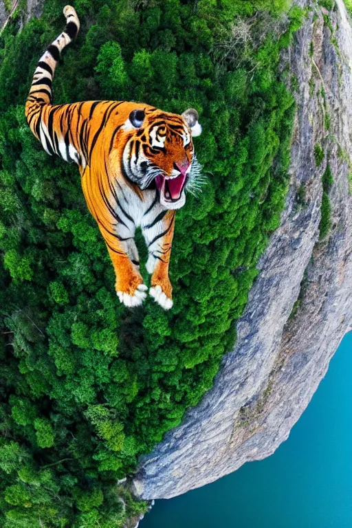 Image similar to realistic hairy tiger attached to a large open balloon parachute in the middle of the air jumping from a mountain cliff. photo captured by a drone. wide angles lens. epic