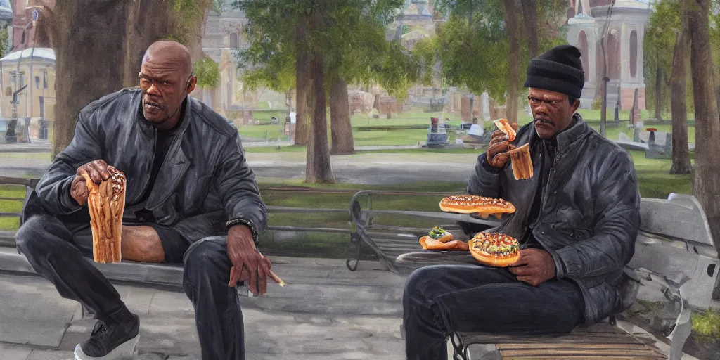 Prompt: highly detailed portrait painting of young samuel l jackson eating burger sitting on bench near moscow kremlin, balalaika, perfect symmetrical eyes, by eddie mendoza and tyler edlin, 8 k resolution