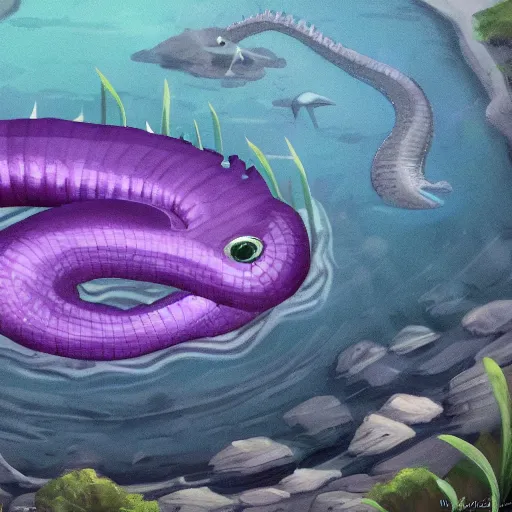 Image similar to a purple head of a small sea serpent with big white eyes, sticking above the water in the mangroves, marshes, trending on artstation, 4 k, video game art, oil painting