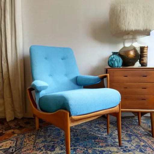 Image similar to a soft comfortable long chair, birch wood, tall, mid century modern, with an antique blue cotton ottoman