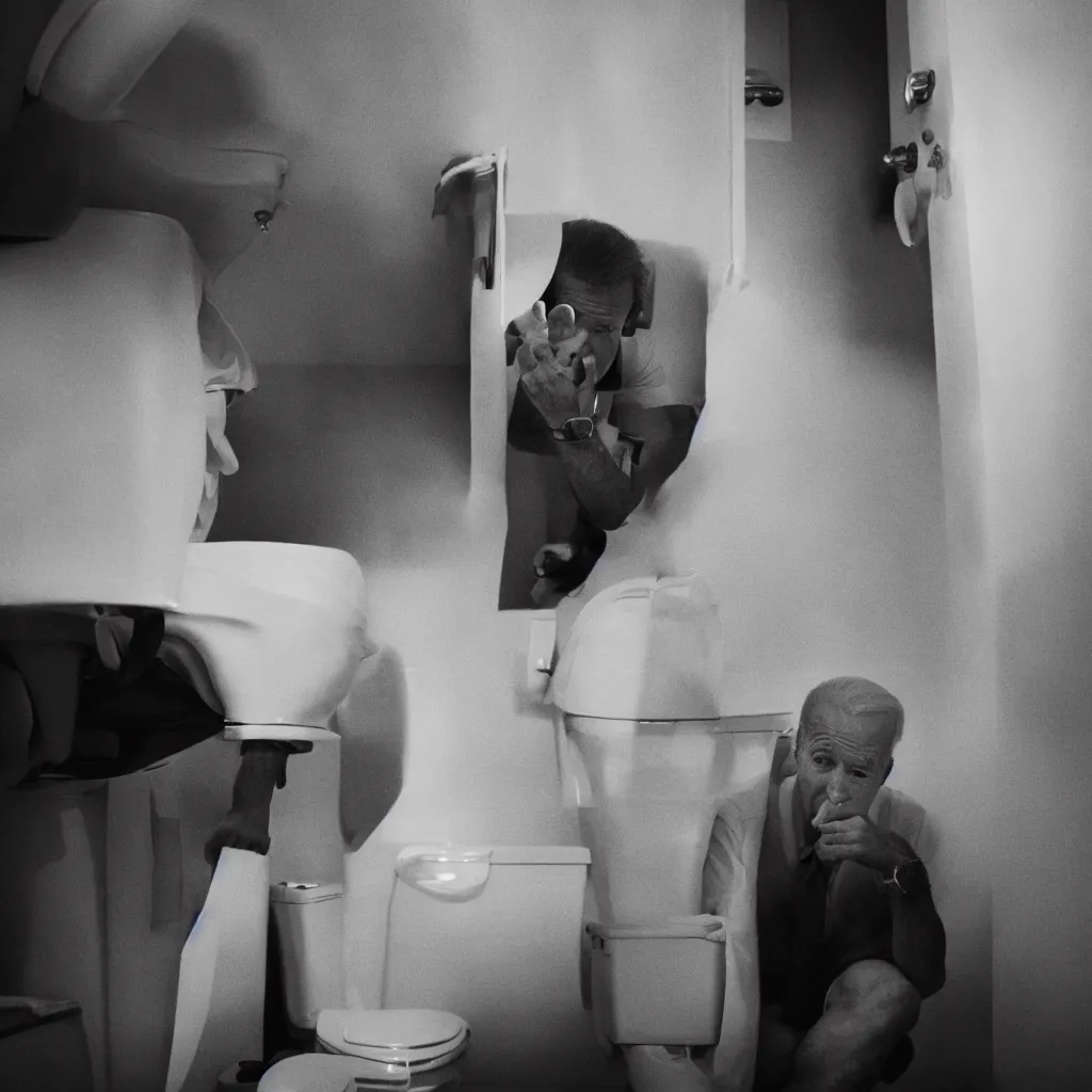 Image similar to joe biden picking his nose while sitting on the toilet, cinematic framing, cinematic lighting, hdr, gritty, movie still, 4k, 70s psychedelic style