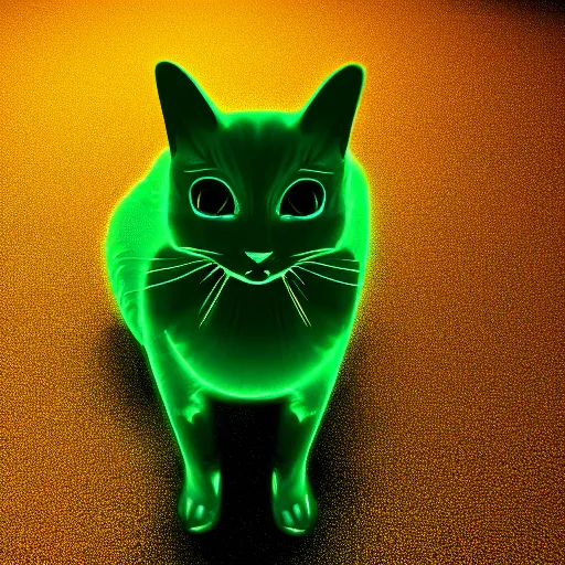 Image similar to an holographic iridescent prismatic cat, dark background, strong dramatic light, digital art rendered in unreal engine.
