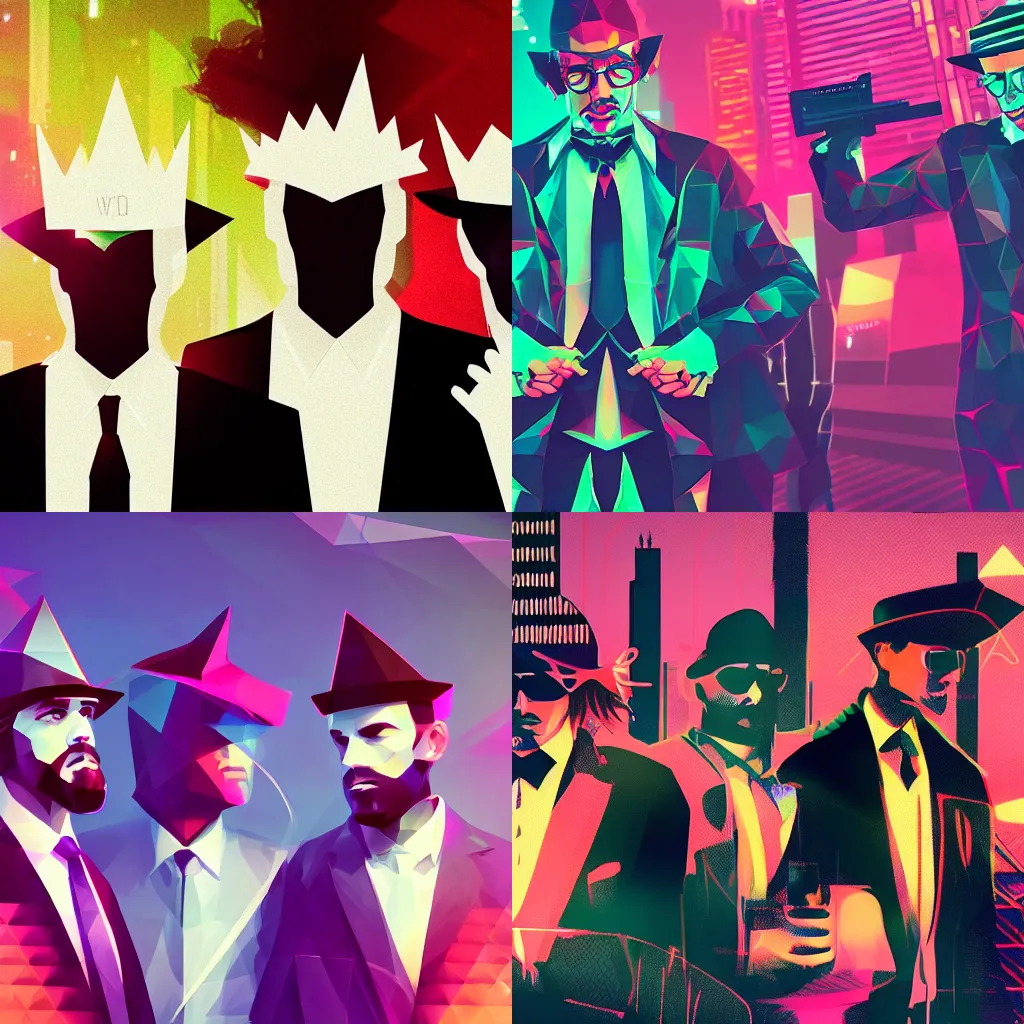Prompt: high quality photo of three mobsters wearing crowns, digital art, polygonal art, cyberpunk, synthwave
