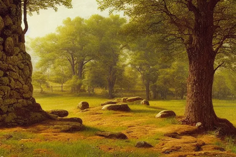 Image similar to runestone, runic inscription, megalithic, monument, nature, trees, focused, centered, very detailed, norse, histor, oil painting, Albert Bierstadt