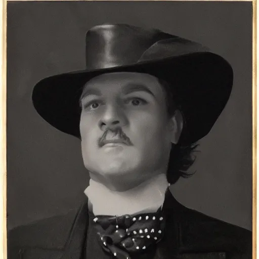 Image similar to a gentleman wearing a black leather hat, cinematic style, front view