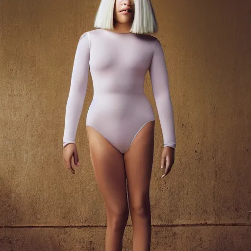 Image similar to sia furler wearing a skin colored leotard full body artistic photoshoot