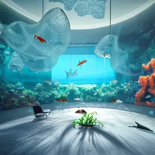 Image similar to the realistic photo of the modern room as aquarium with a chandelier as a big jellyfish, beautiful corals on the walls and sharks in the big panoramic window, under the ocean, realistic colors, realistic shadows, daylight made in blender, hd, 3 d by beeple and damian hirst and greg rutkowski