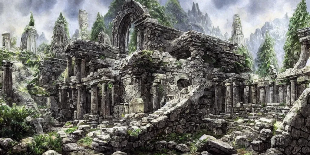 Prompt: painting of elven ruins built from white marble in the wilderness, mysterious, fantasy