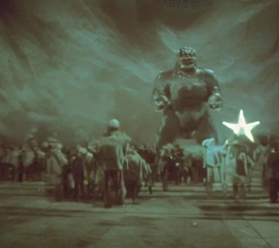 Image similar to Pulgasari the North Korean monster, volumetric lighting, filmstill, produced by Kim Jong-il, Kodachrome, kaiju-eiga, starfish monster movie, communist propaganda, film noir, 35mm film grain, Cooke Varotal 20-100mm T3.1