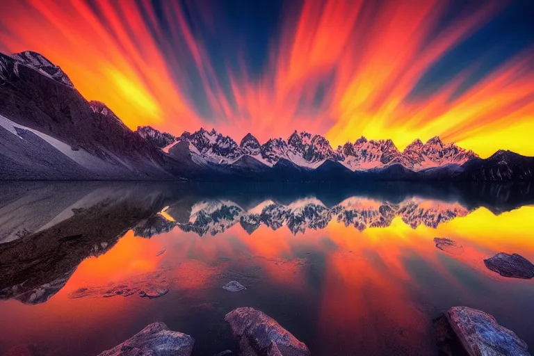 Image similar to amazing landscape photo of mountains with lake in sunset by marc adamus beautiful dramatic lighting