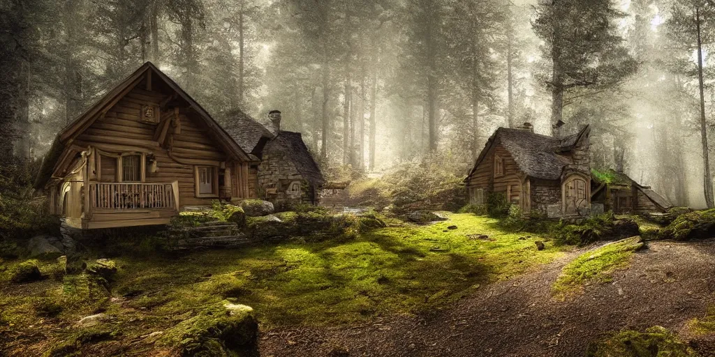 Prompt: a cottage in the woods, fantasy, hyper realistic, dramatic lighting, 8k, wide field of view