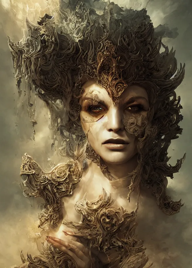 Prompt: woman portrait, face, foreground, volumetric, wearing a carved half mask with mineral incrustations, godness, ethereal, evil, elements, baroque, rococo, ink, tarot card enviromet, cinematics lights, detailed, intricate illustration, octane render, fractal, fine art by marc simonetti & peter mohrbacher