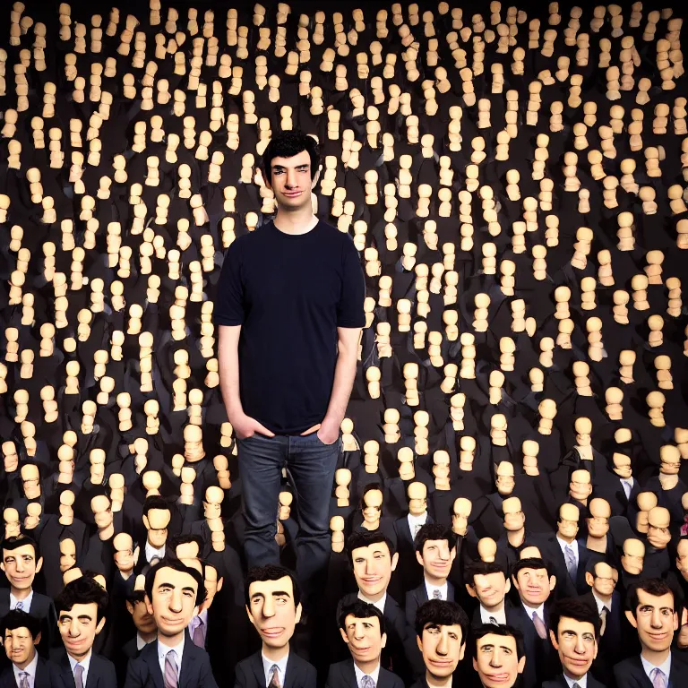 Image similar to focused dslr medium shot photograph of nathan fielder standing in front of hundreds of nathan fielder puppets on strings from nathan for you on comedy central filmed by a tv crew on a stage with a red curtain, meta, fractal, trippy, high detail!!! 8 k!!!!, photorealism!!!, sharp focus!!! coherent!!!